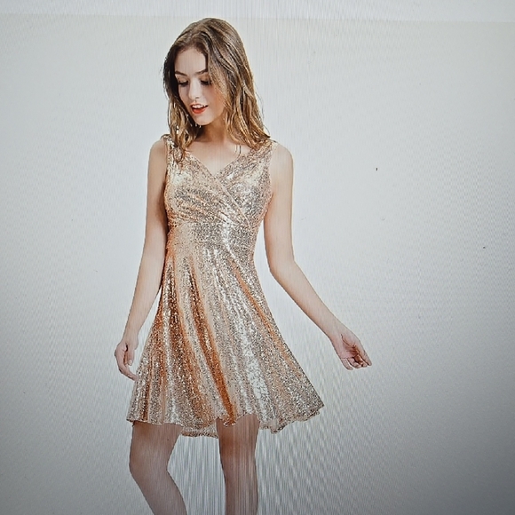 Grace Karin Rose Gold Sequin Dress Sleeveless Vneck sparkly glitter Small NEW - Picture 3 of 13